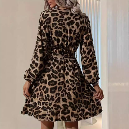 Leopard Print V-Neck Long Sleeve Tie Waist Ruffle Dress