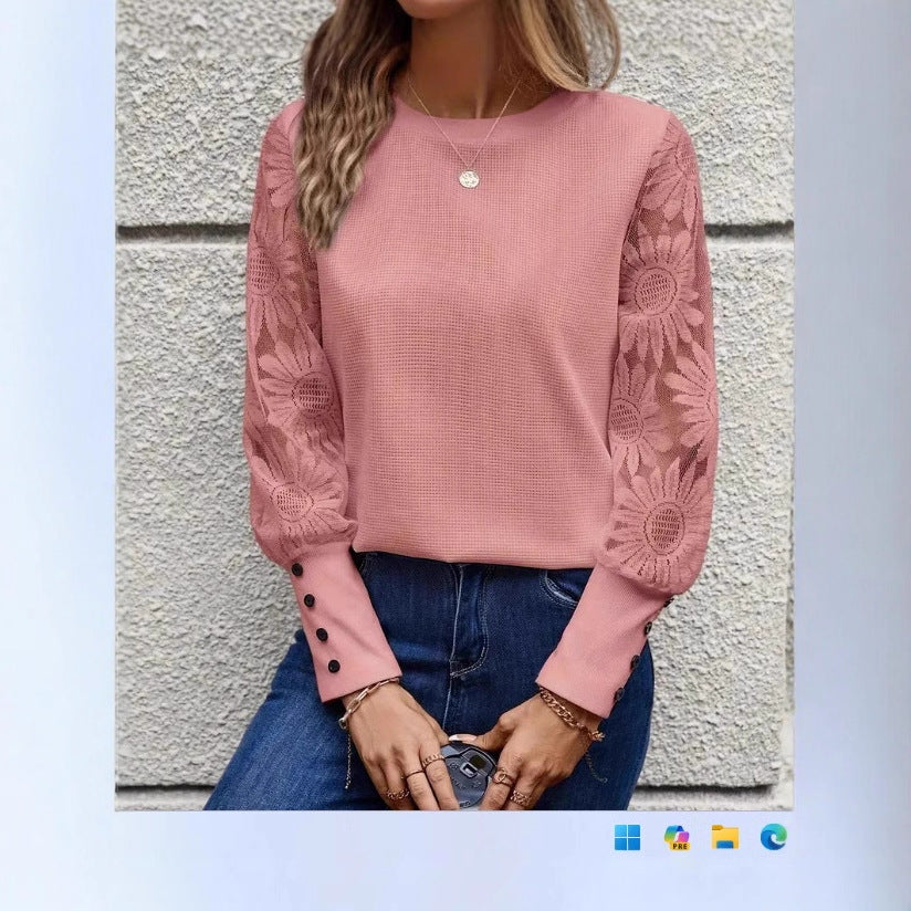 Waffle Knit Floral Lace Sleeve Crew Neck Casual Top