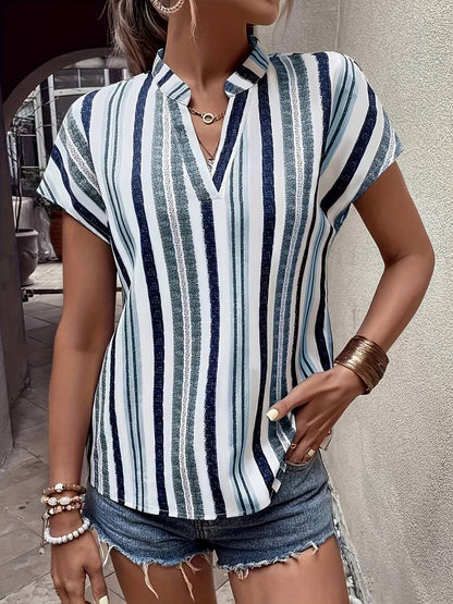 Striped V-Neck Batwing Sleeve Blouse for Women
