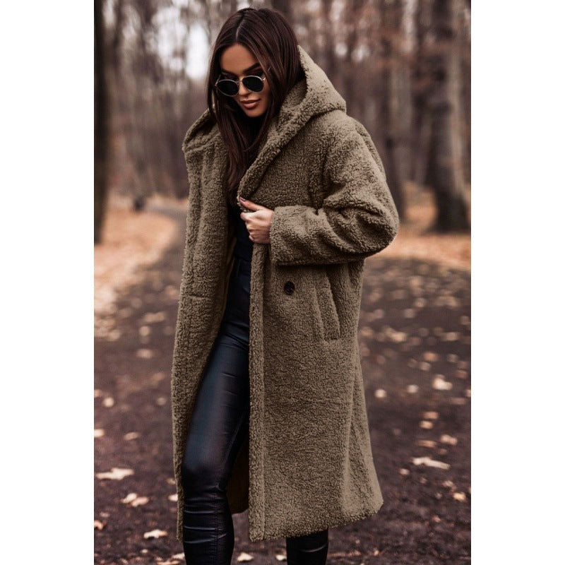Hooded Sherpa Fleece Long Coat with Pockets