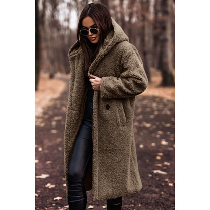 Hooded Sherpa Fleece Long Coat with Pockets