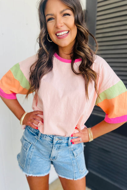 Colorblock Cotton Tee Loose Crew Neck Short Sleeve