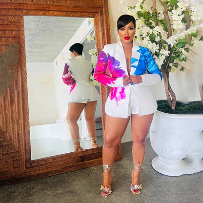 Women Graphic Blazer Shorts Set Sexy Two Piece