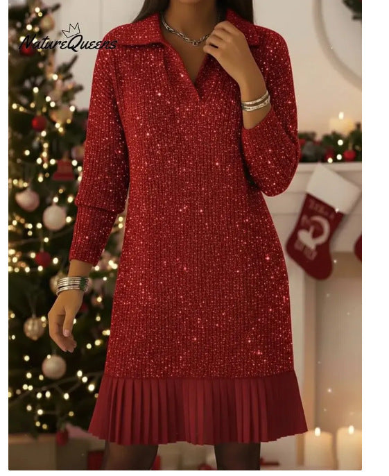 Women's Polo Collar Long Sleeve A-Line Sweater Dress