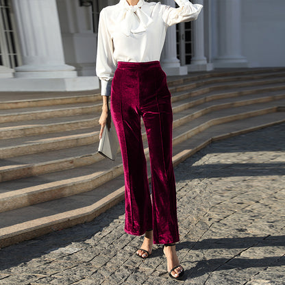 High Waist Velvet Flare Pants Textured Casual Trousers