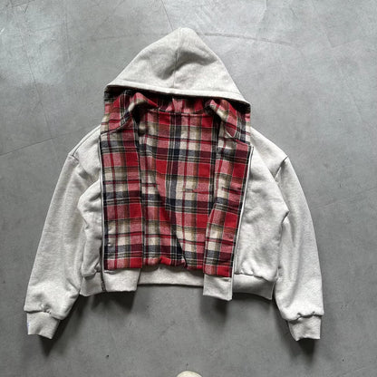 Reversible Plaid Zip Up Hoodie Jacket Oversized