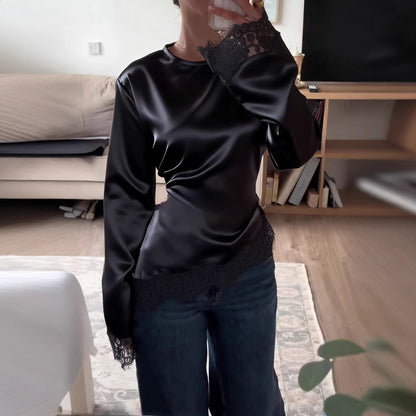 Women's Satin Lace Trim Long Sleeve Blouse Top