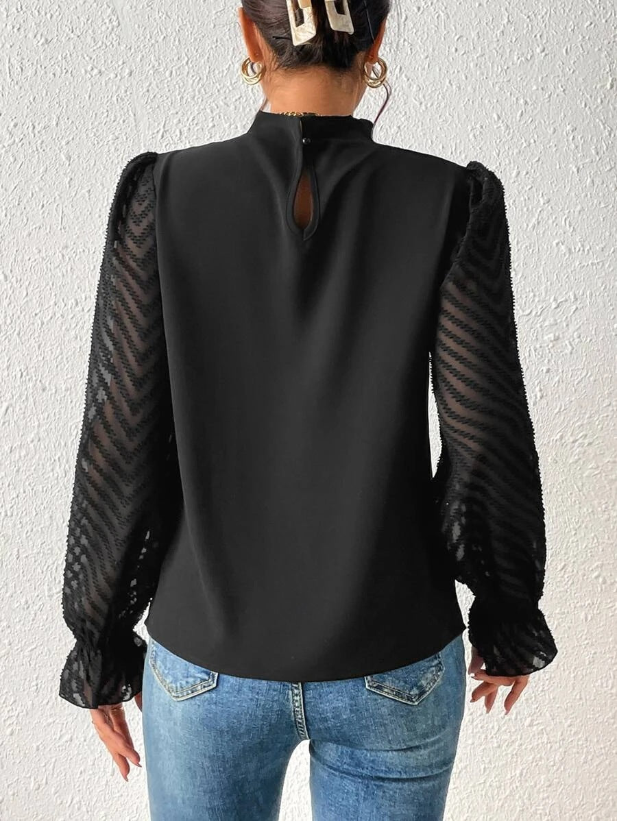 Mock Neck Chiffon Blouse Lace Sleeve Elegant Work Top