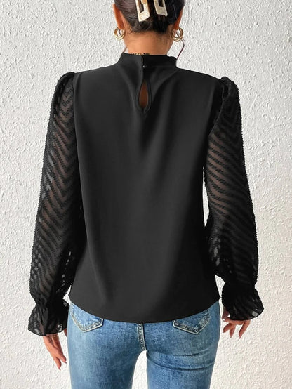 Mock Neck Chiffon Blouse Lace Sleeve Elegant Work Top