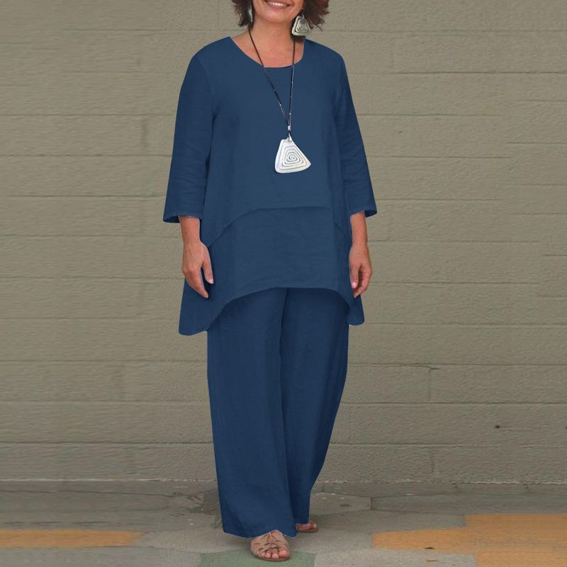 Women's Linen 2 Piece Set Asymmetrical Top Wide Leg Pants