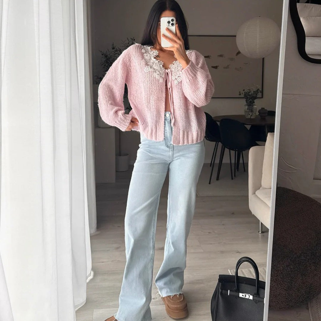 Women's Pink Lace Collar Tie Front Chunky Cardigan