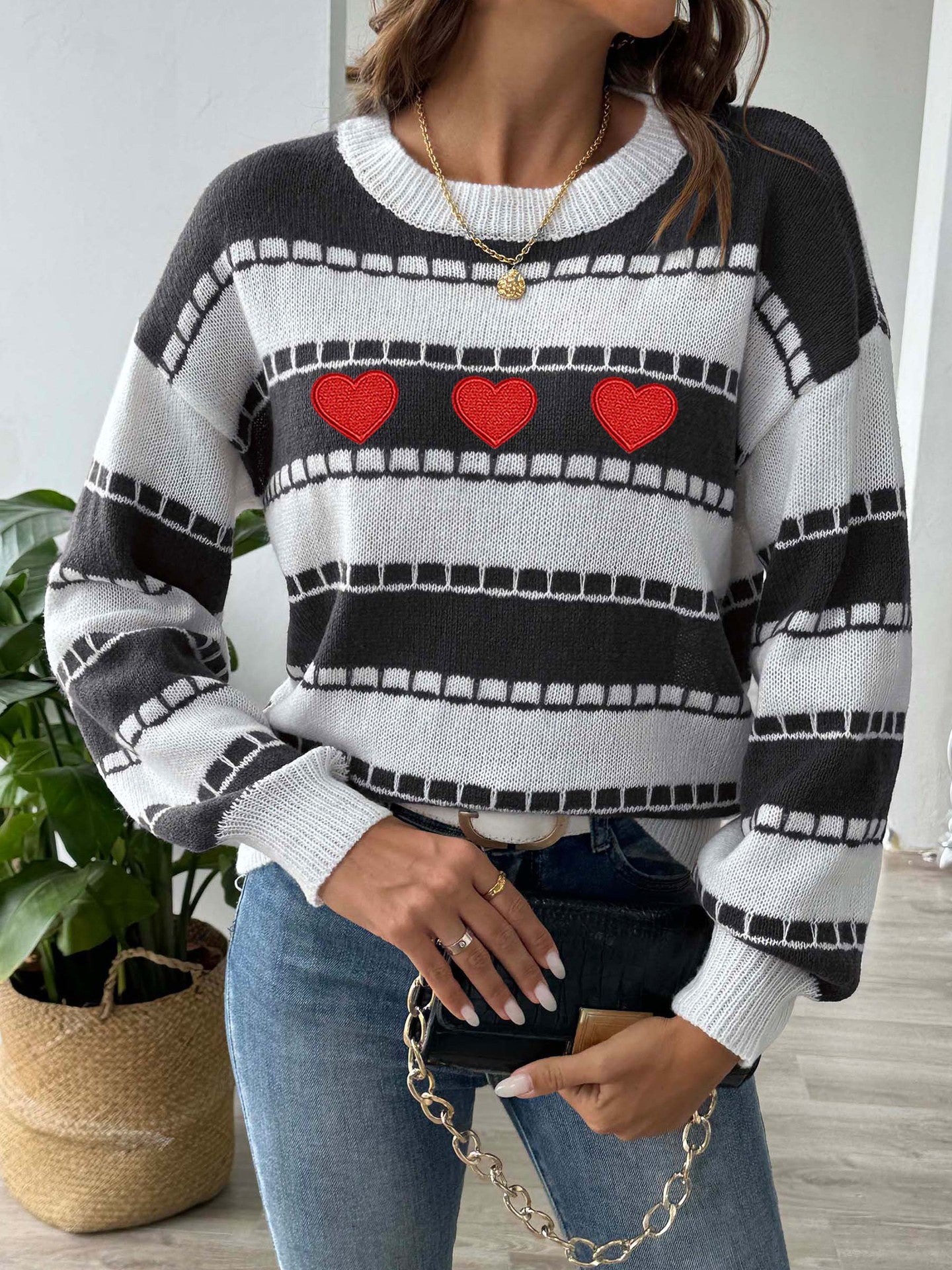 Colorblock Striped Sweater | Embroidered Heart Patch Design