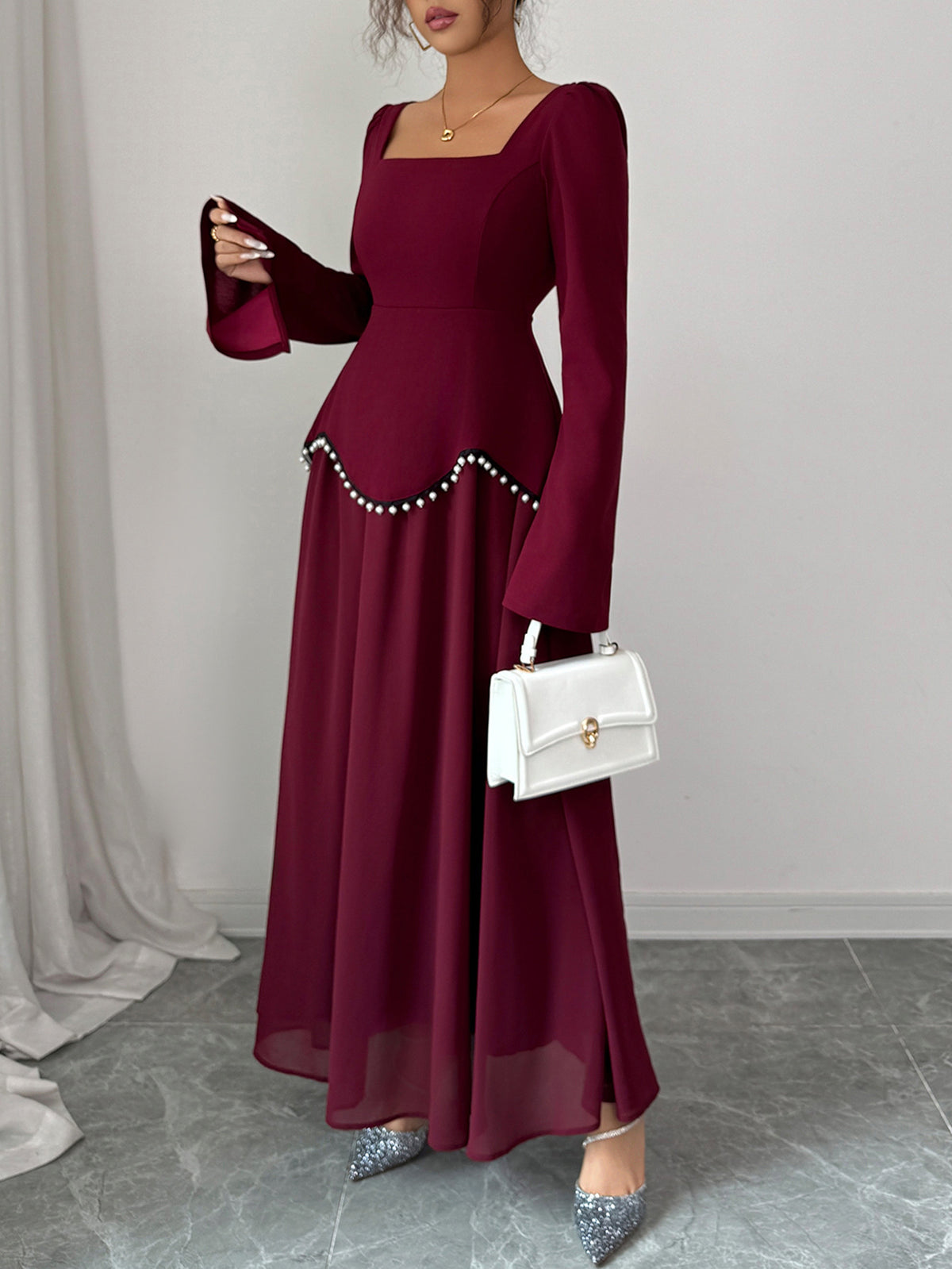 Square Neck Long Sleeve Pearl Trim A-Line Maxi Dress