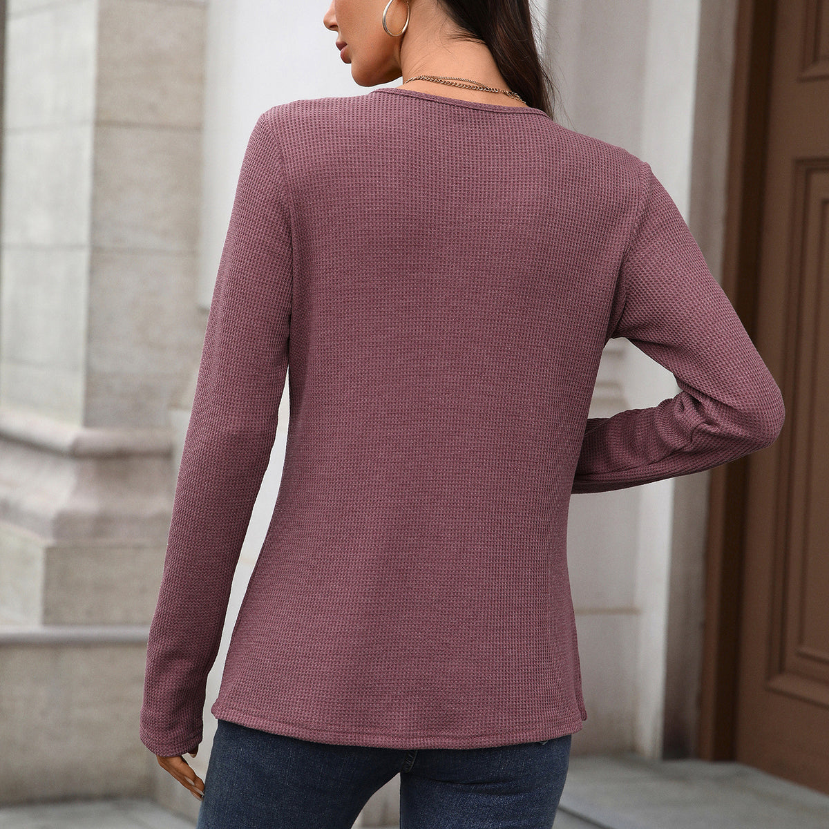 Women's Waffle Knit Henley Long Sleeve Loose Tunic Top