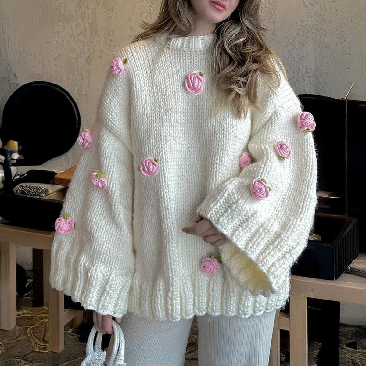 Women's Chunky Knit Oversized Floral Pullover Sweater