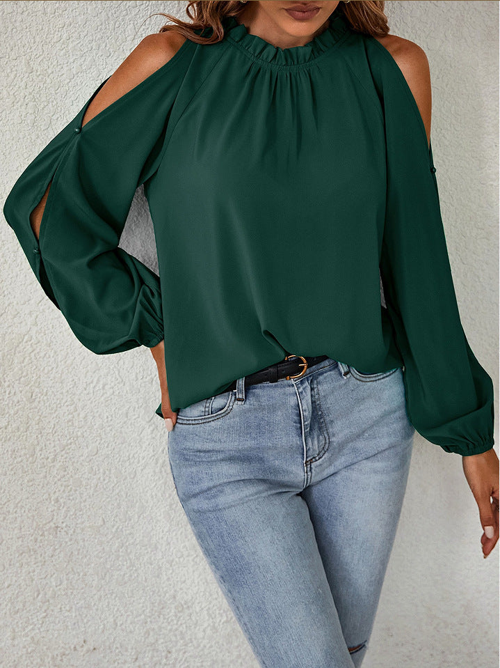 Ruffle Mock Neck Cold Shoulder Chiffon Blouse
