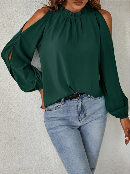 Ruffle Mock Neck Cold Shoulder Chiffon Blouse