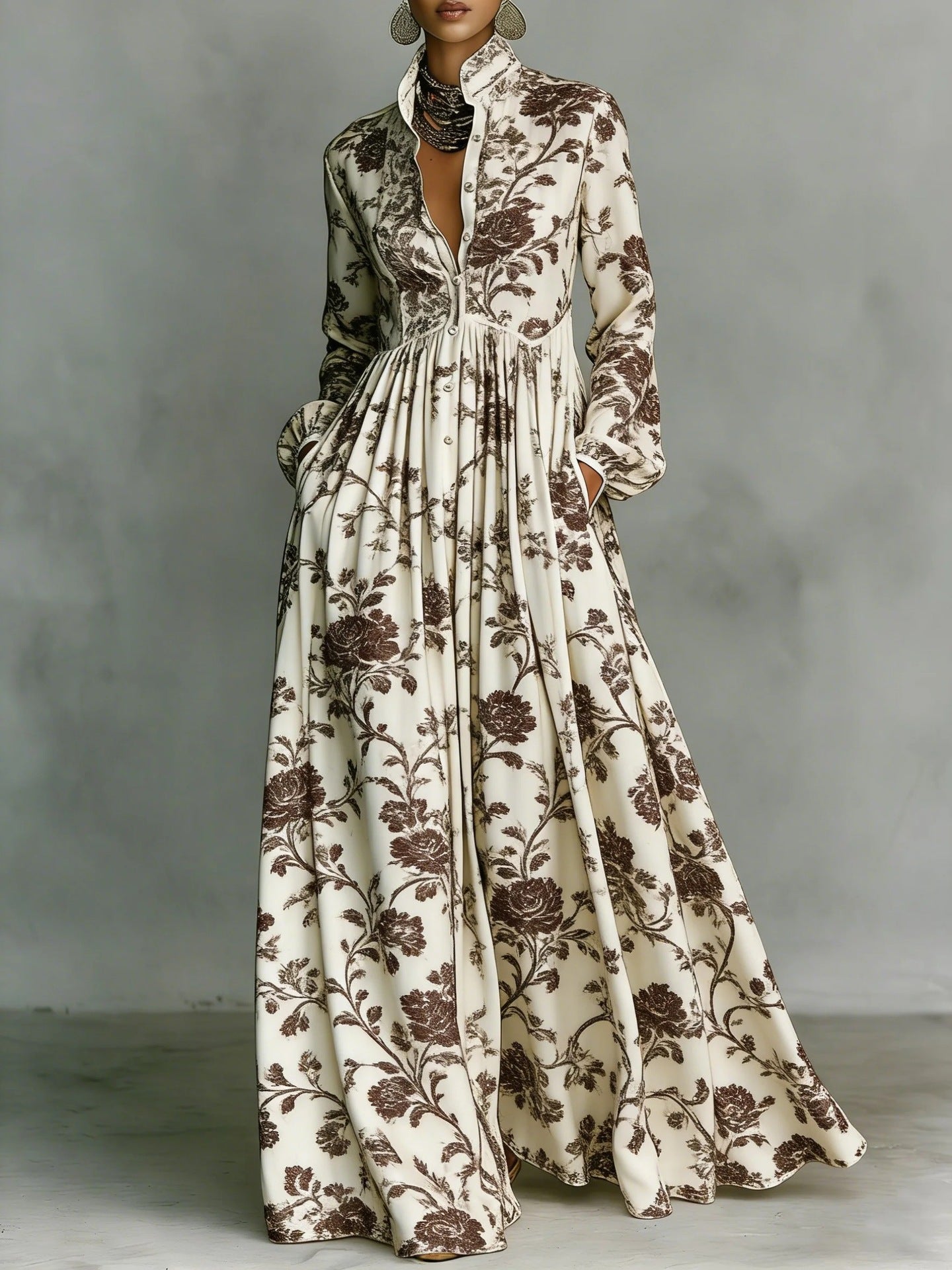 Vintage Floral Maxi Dress Long Sleeve Button Down Pockets