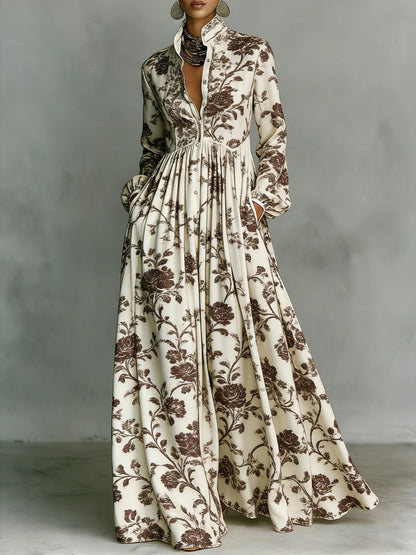Vintage Floral Maxi Dress Long Sleeve Button Down Pockets