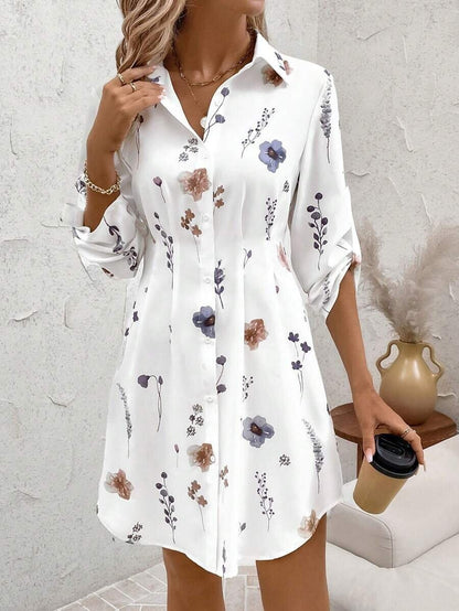 Women's Floral Button Down Shirt Dress Long Sleeve Collared