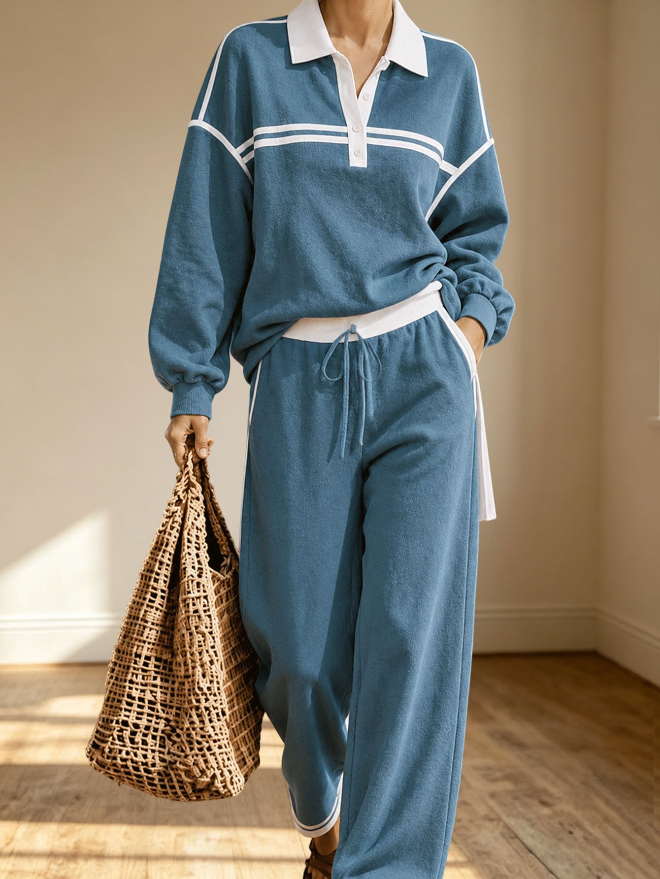Striped Collared Sweatshirt Wide Leg Pants Matching Set