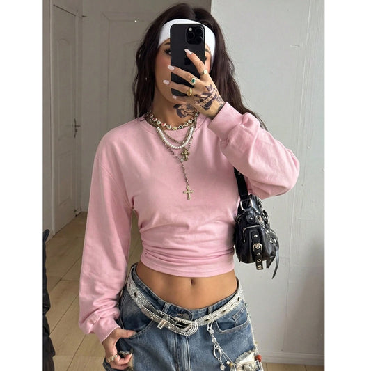 Y2K Crop Sweatshirt Slim Fit Solid Long Sleeve Top