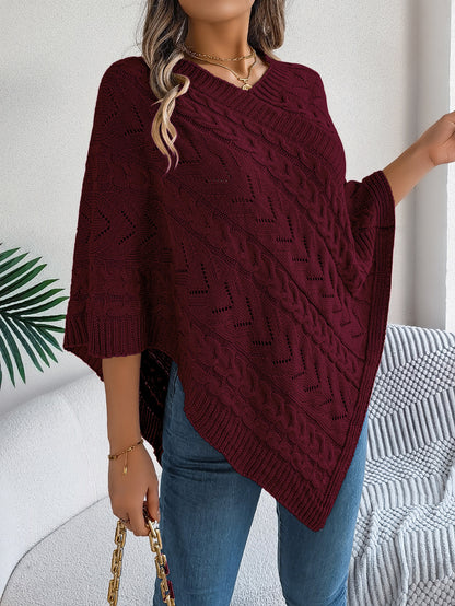 Women's Oversized Cable Knit V-Neck Poncho Sweater