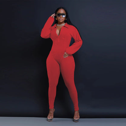 Sexy Ribbed Long Sleeve Zip Up Bodycon Jumpsuit