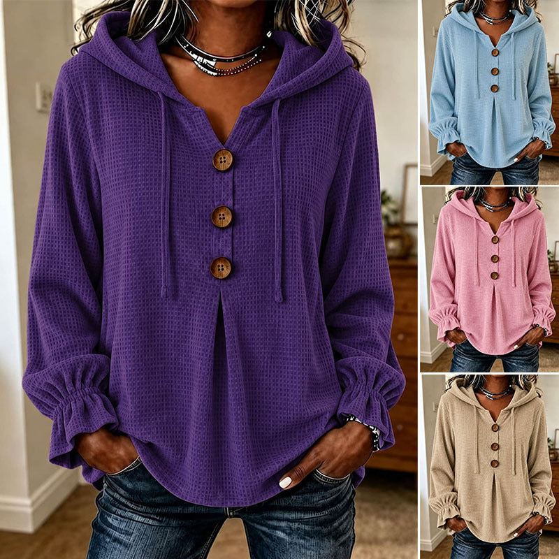 Waffle Knit Hooded Henley V Neck Long Sleeve Top
