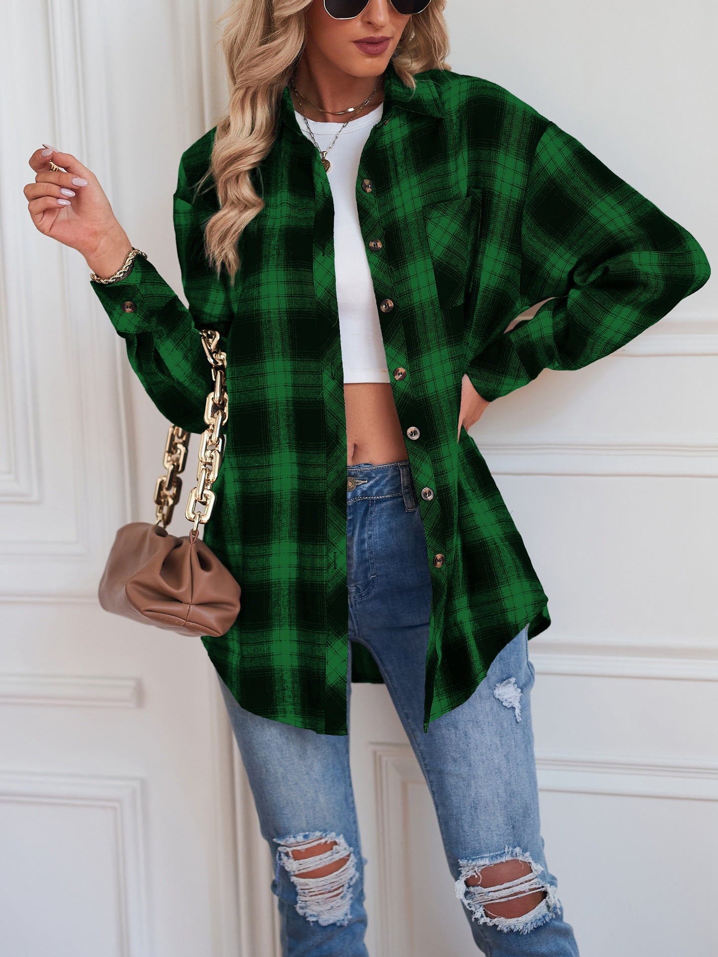 Plaid Flannel Shirt Button Front Oversized Fit
