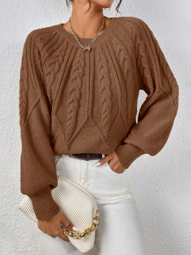 Women's Cable Knit Balloon Sleeve Crew Neck Sweater