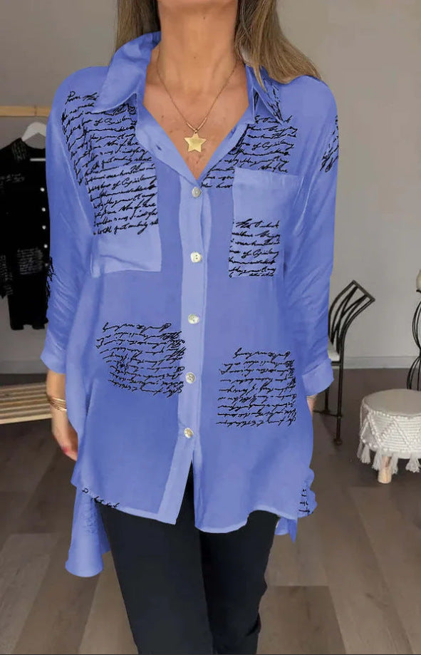 Women's Loose V Neck Letter Print Button Down Shirt