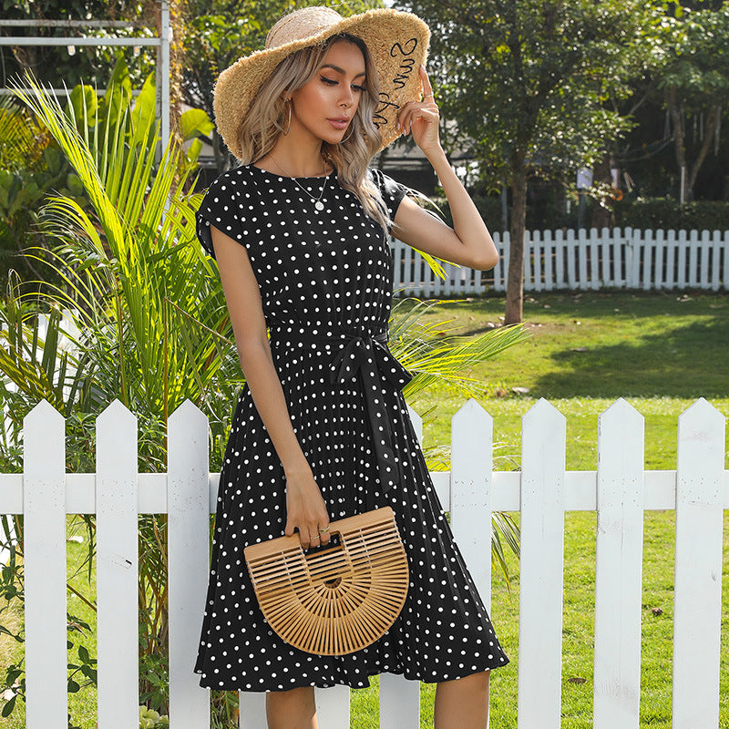 Polka Dot Midi Dress Pleated Tie Waist Short Sleeve