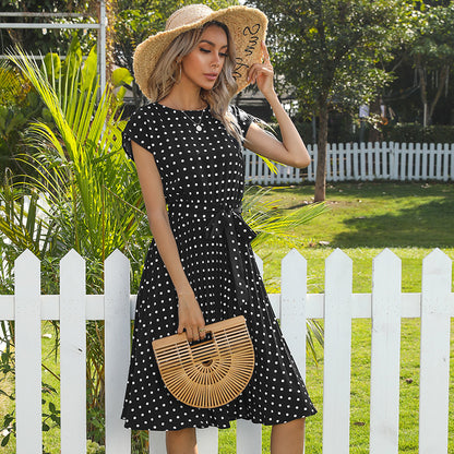 Polka Dot Midi Dress Pleated Tie Waist Short Sleeve