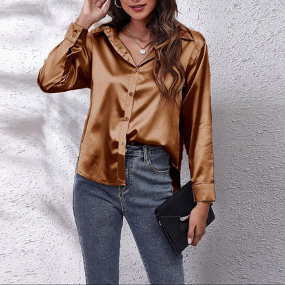 Women's Satin Long Sleeve Button Down Collared Blouse