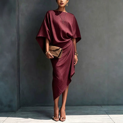 Women's Batwing Sleeve Solid Asymmetrical Midi Dress
