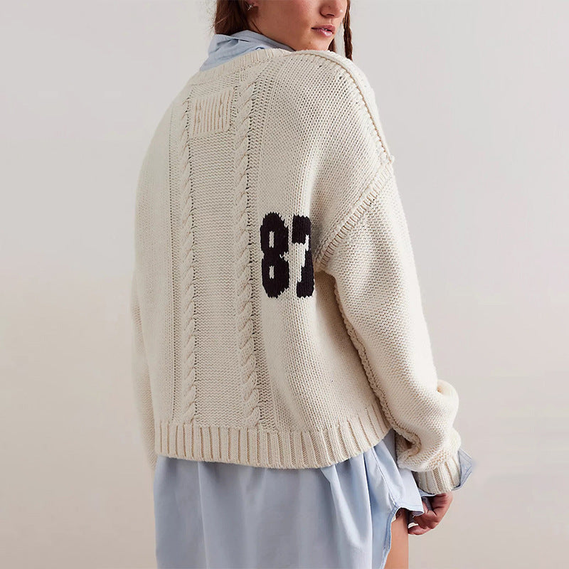 Varsity Number Knit Sweater - Oversized Pullover Top