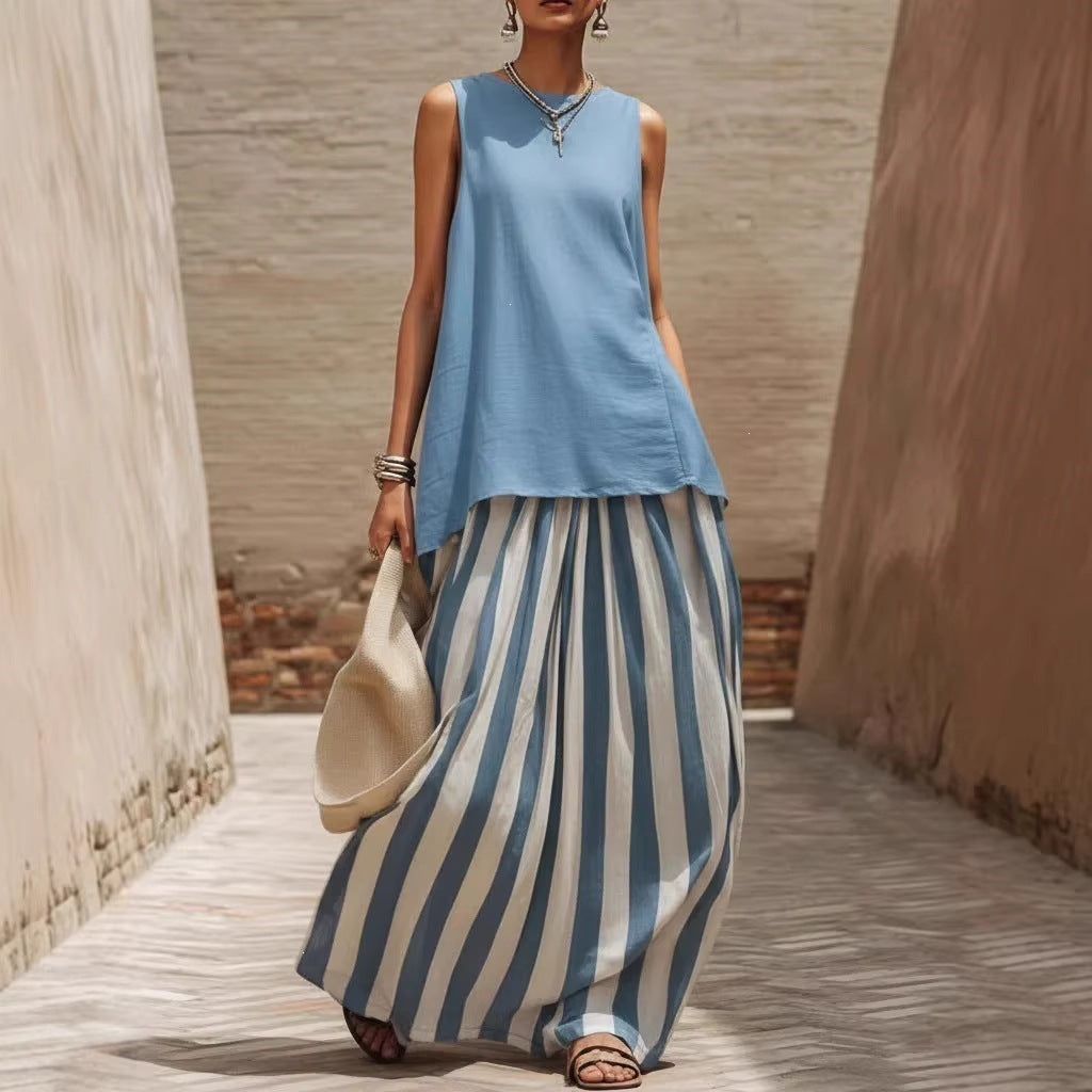 Women's Two Piece Set Striped Maxi Skirt Sleeveless Top
