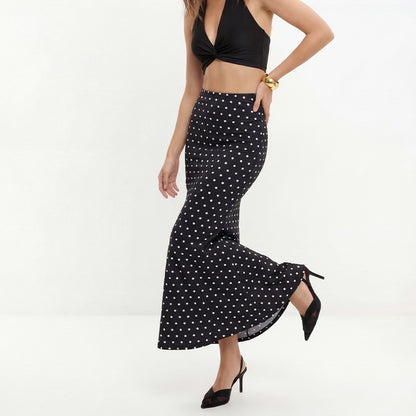 Polka Dot High Waist Flounce Hem Midi Skirt
