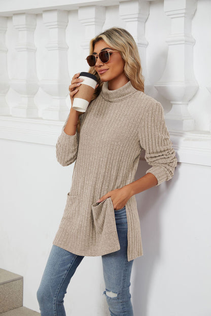 Women's Ribbed Mock Neck Long Sleeve Tunic with Pockets
