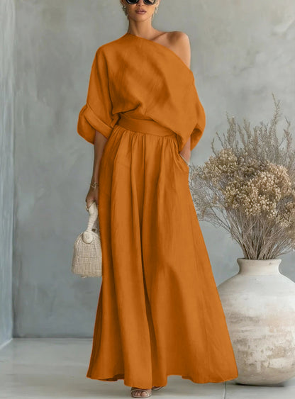 Women's One Shoulder Top Wide Leg Pants Matching Set