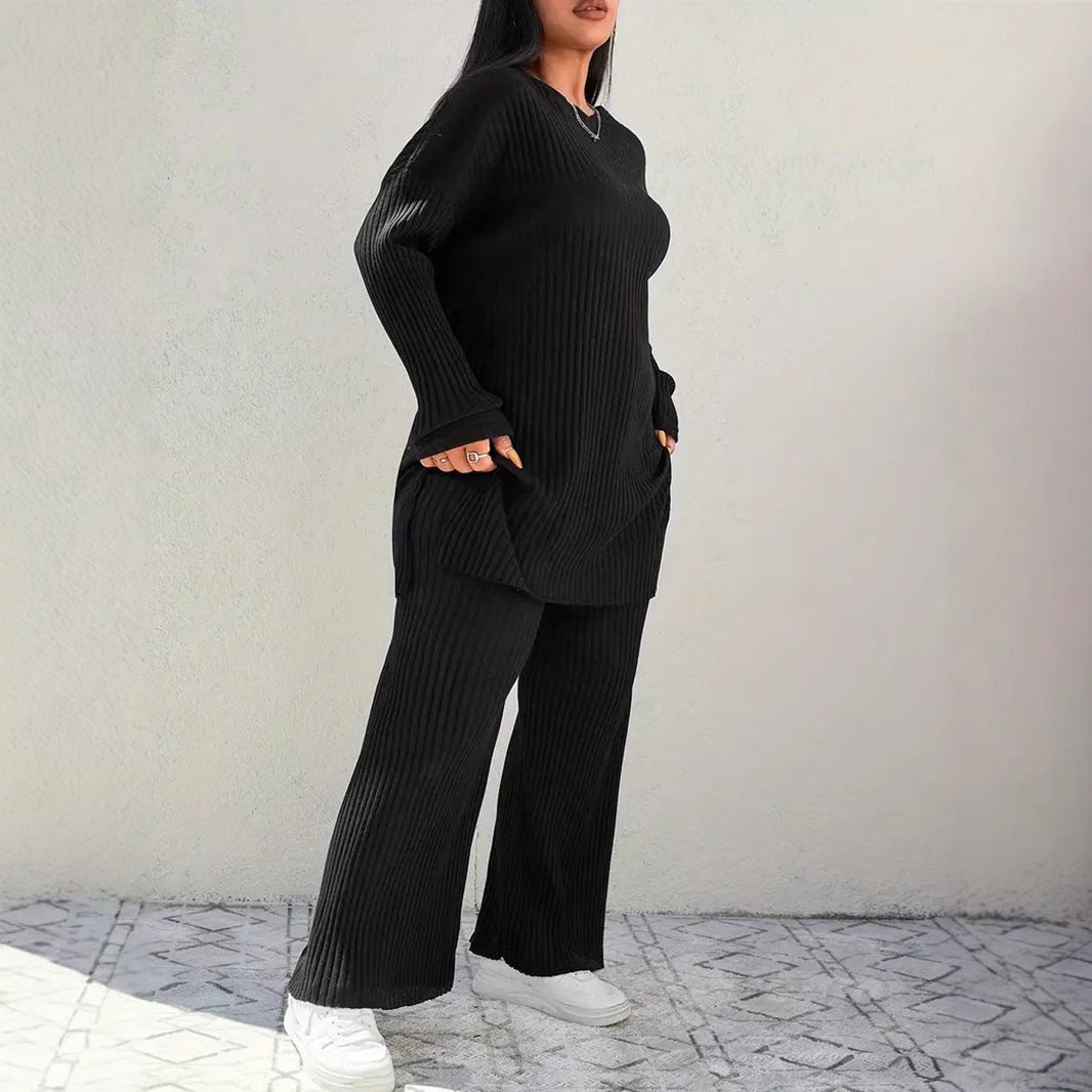 Solid Ribbed Knit Lounge Set with Wide Leg Pants