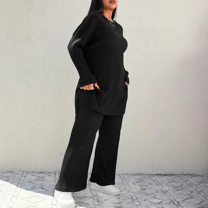 Solid Ribbed Knit Lounge Set with Wide Leg Pants
