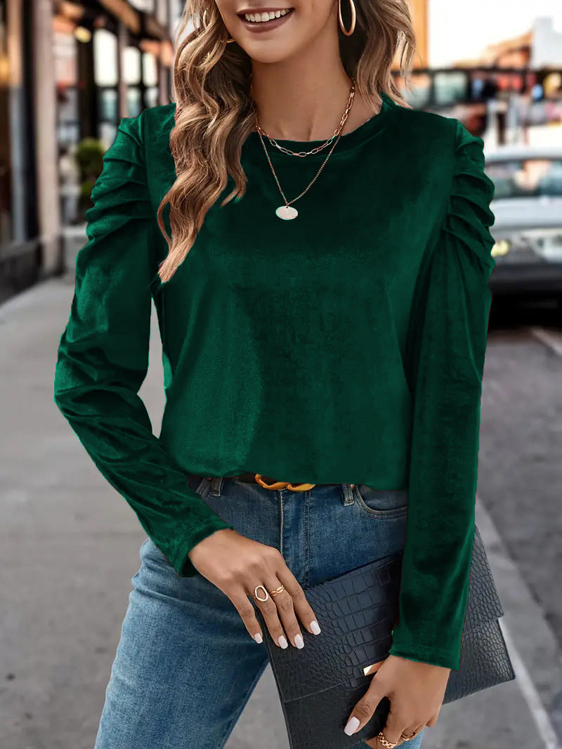 Women's Velvet Ruched Puff Sleeve Crew Neck Top