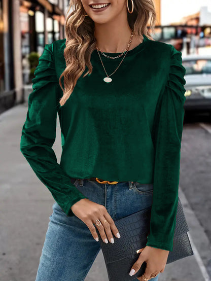 Women's Velvet Ruched Puff Sleeve Crew Neck Top