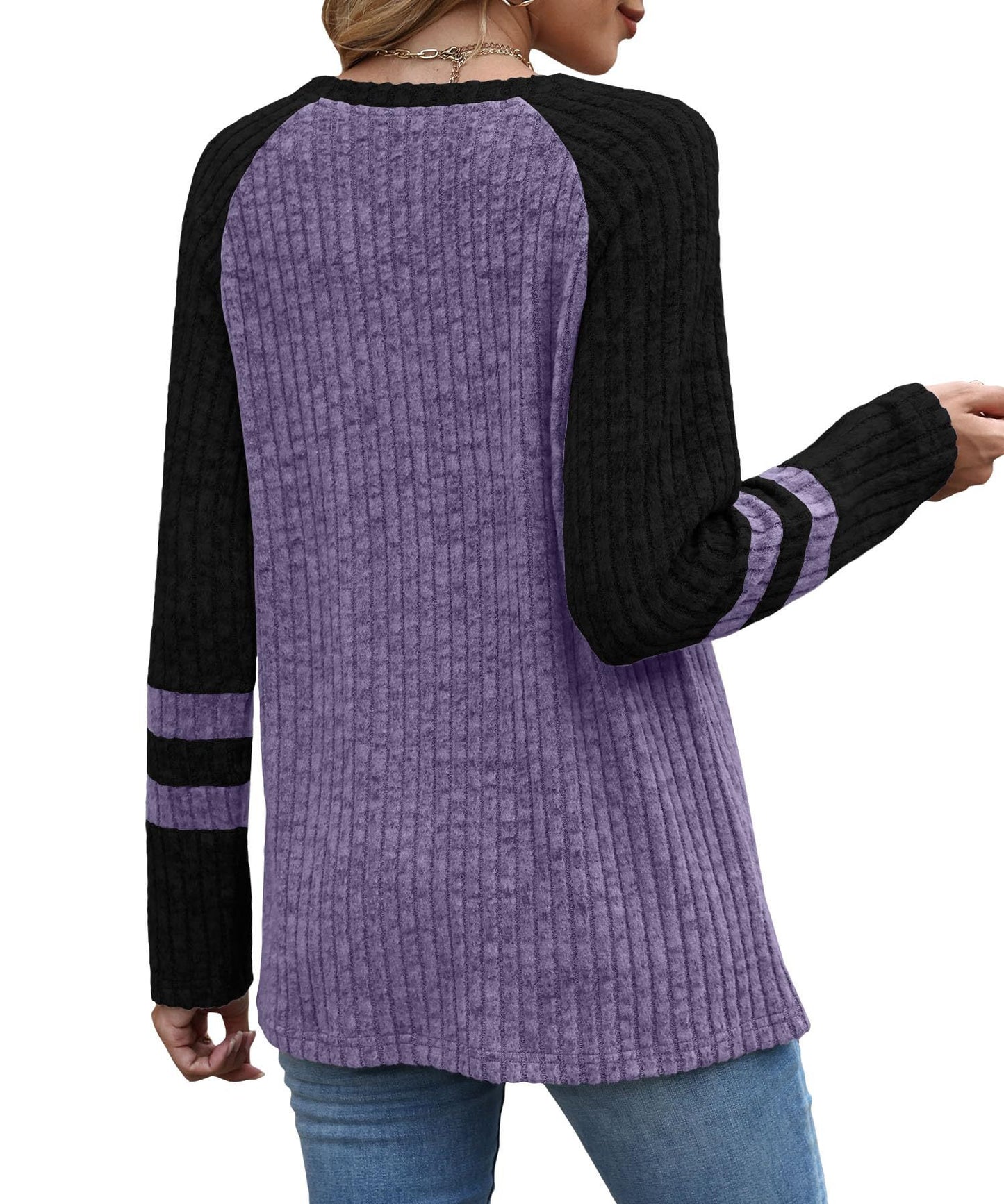 Colorblock Ribbed Knit Sweater Women Casual Pullover Top