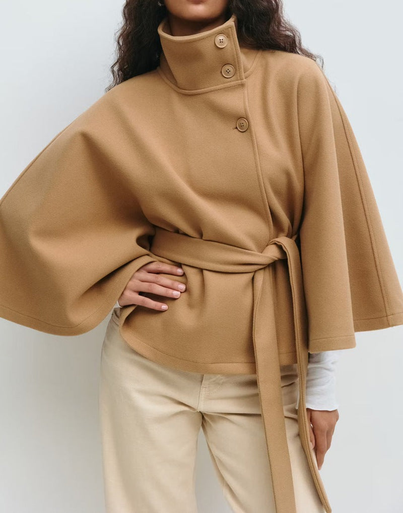 Women's Belted Cape Coat Stand Collar Button Jacket