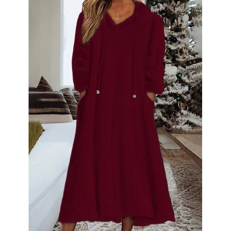 Fleece Hooded Dress with Pocket Relaxed Fit