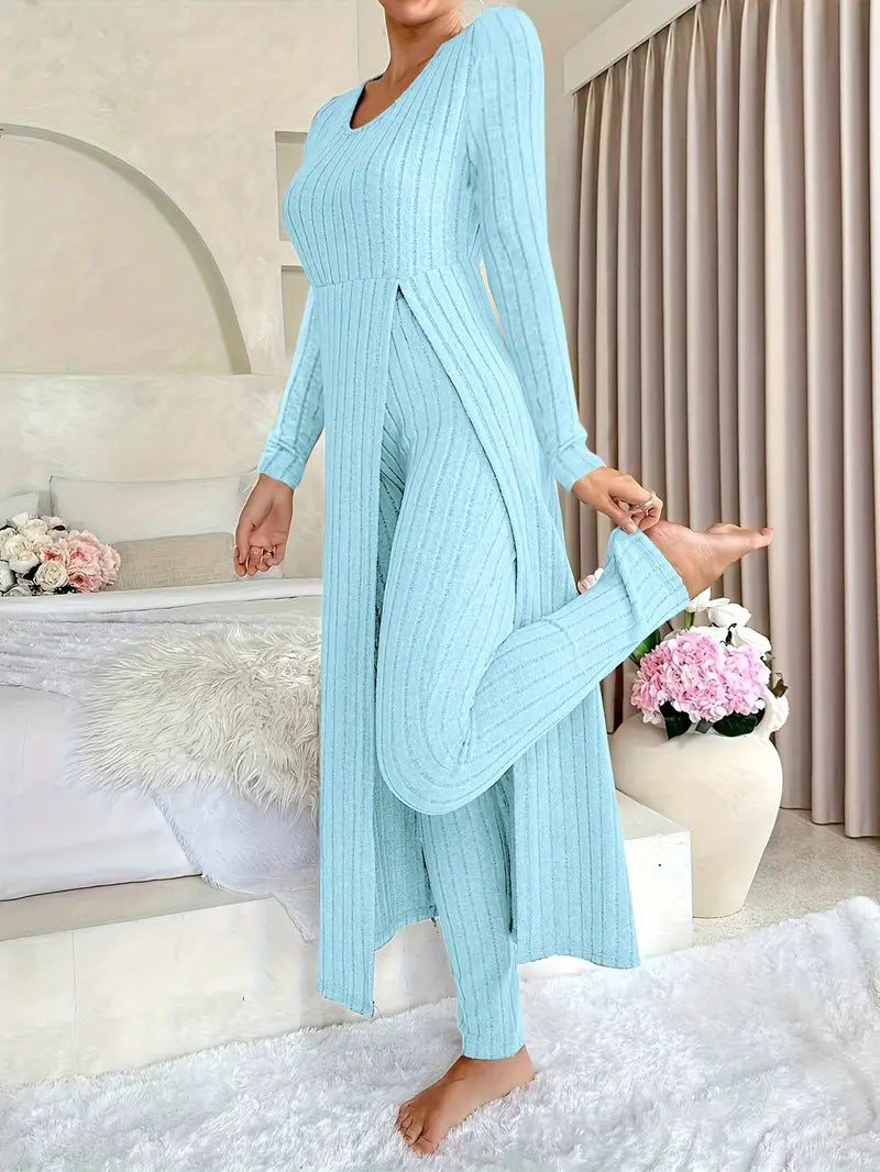 Ribbed Knit Side Slit Long Sleeve Pants Two Piece Set