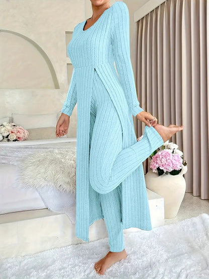 Ribbed Knit Side Slit Long Sleeve Pants Two Piece Set